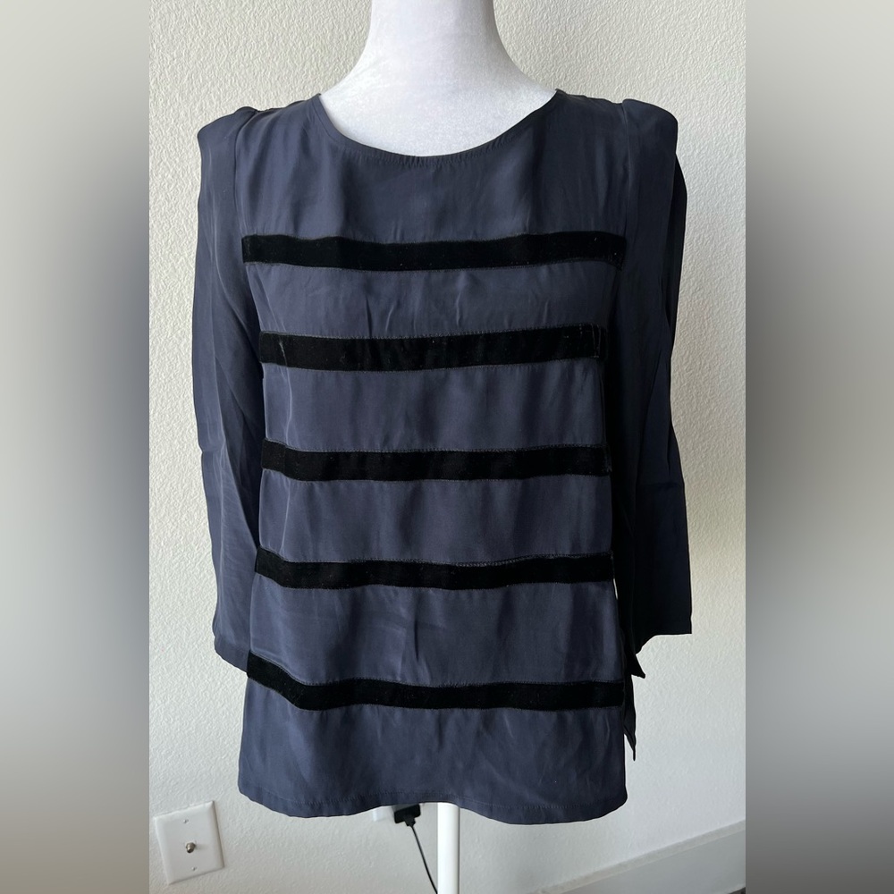 Sandro Small navy 3/4 puff sleeve SILK and velvet Blouse $395